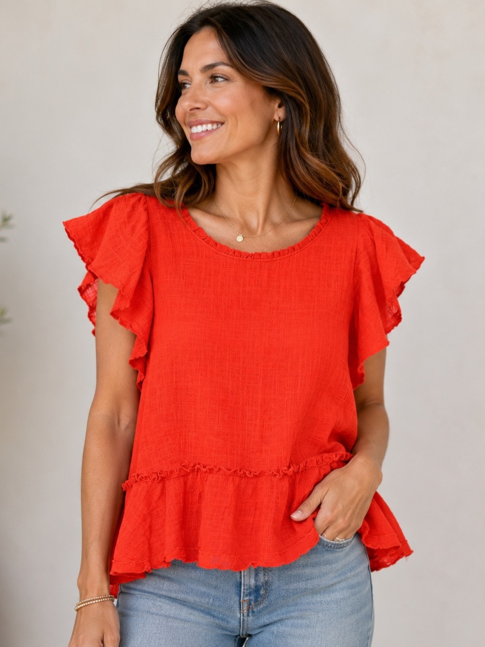Maeve Anthropolgie Women’s Ruffle Sleeve Peplum Top - Orange Red